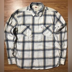 Levi's White and Blue Plaid Flannel Shirt Mens M All Cotton Button Up